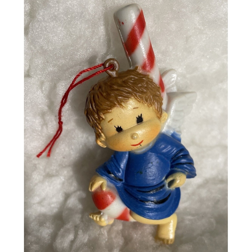 Vintage Plastic Angel Christmas Ornament Child Cherub On Candy Cane